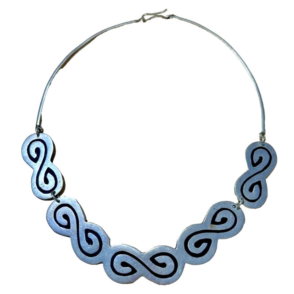 Alpaca Silver Necklace Statement‎ Choker Swirl Mexico Links Mod Art Deco Bold